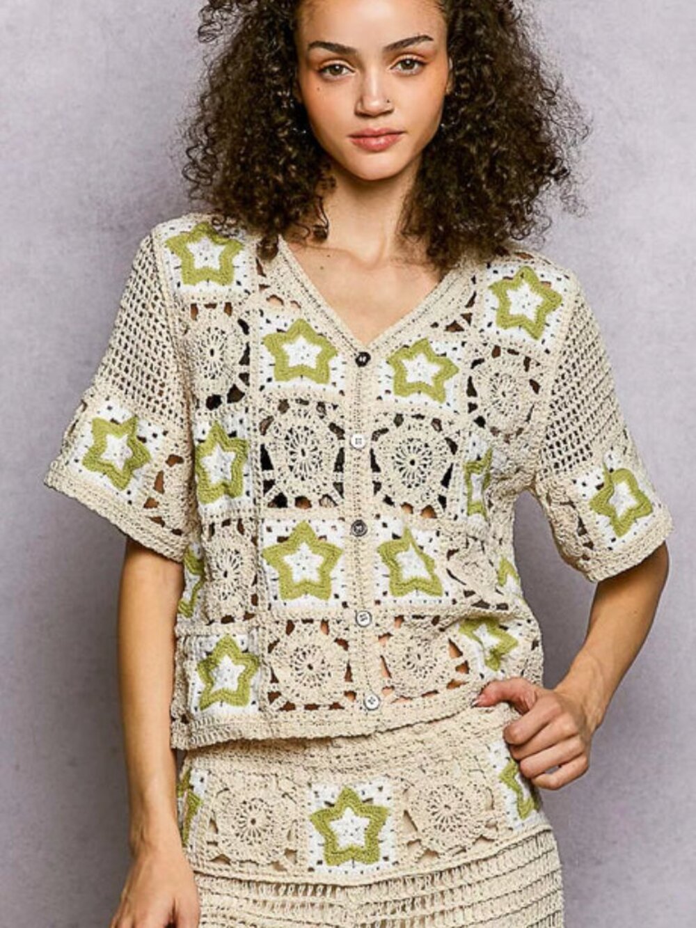 POL Button Front V-Neck Crochet Womens Cardigan Contast Star